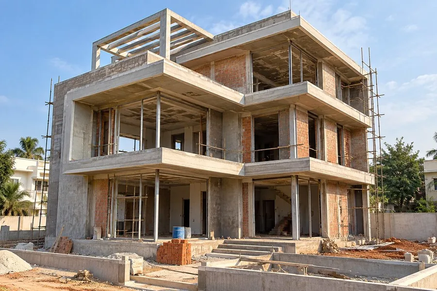 Trilok Constructions 3 floor house under construction with RCC frame and block work in Bengaluru
