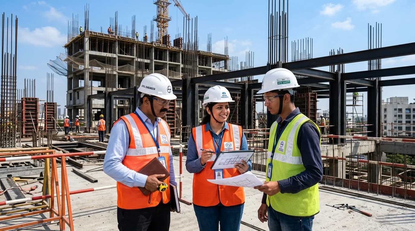 Trilok Constructions civil engineers reviewing RCC structural site progress